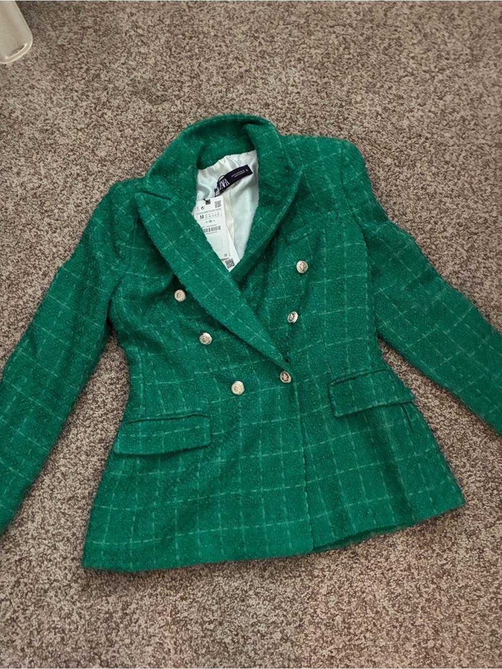 Zara Emerald Green Double-Breasted Tweed Blazer
